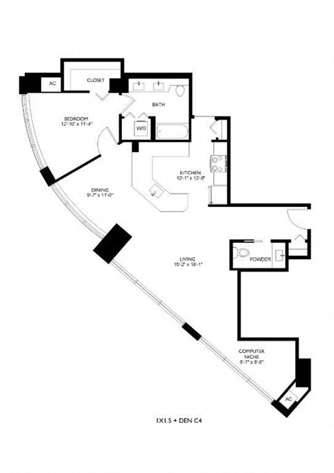A floor plan of a house with a kitchen, living room and dining room.